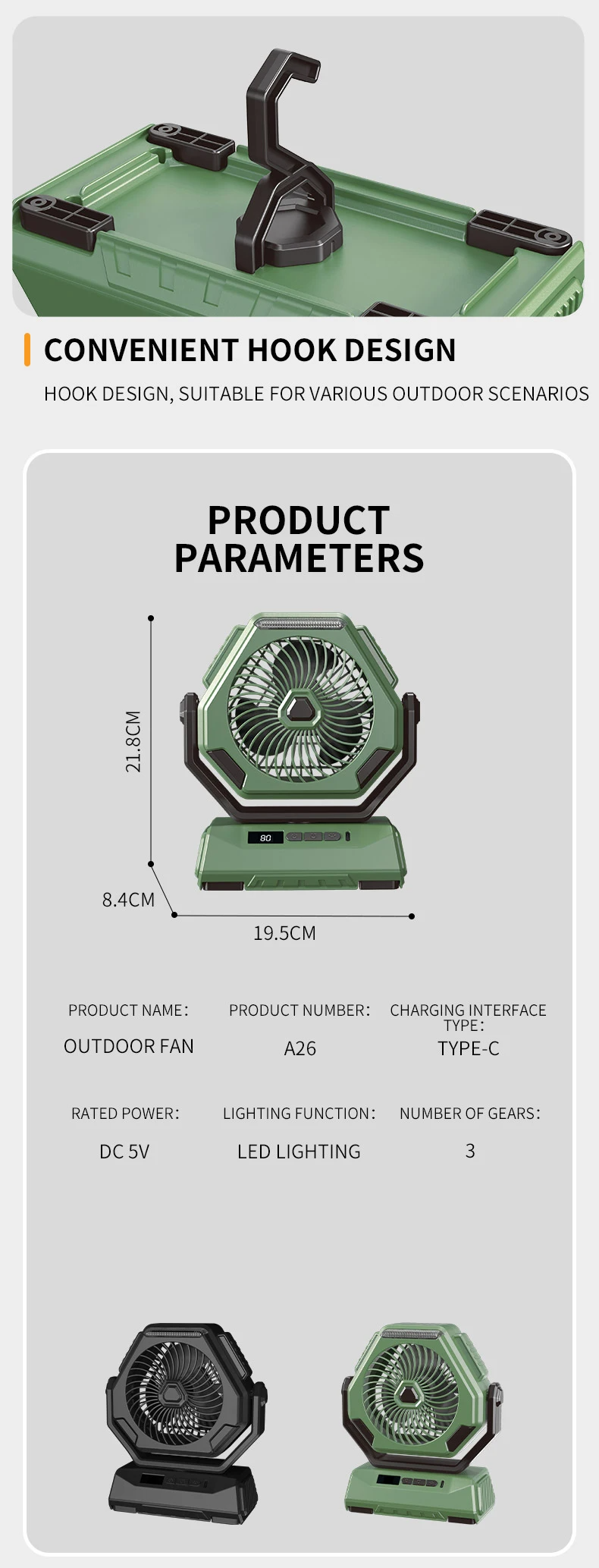 USB Portable Camping Oscillating Fan Outdoor LED Rechargeable Fan