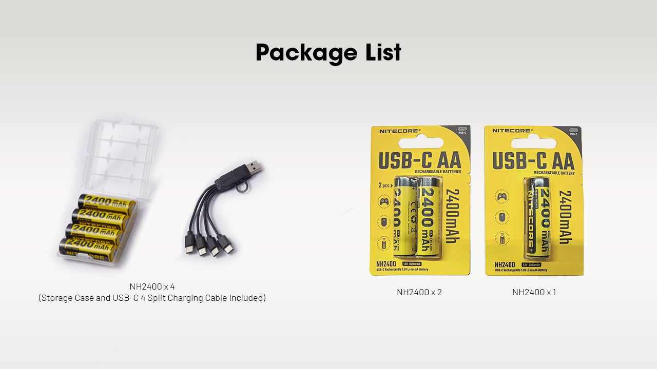 Nitecore NH2400 Rechargeable AA li-ion Battery USB-C 2400mAh
