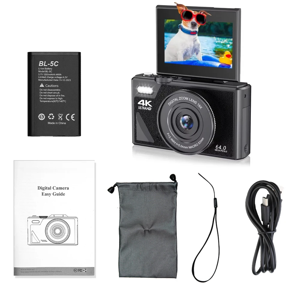 64MP Digital Camera 4K Video Vlogging YouTube Flip Screen 16X Zoom