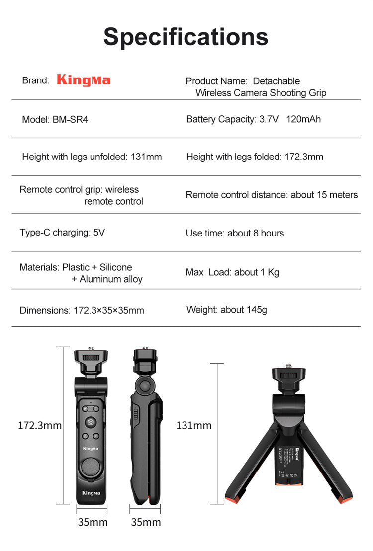 KingMa BM-SR4 Wireless Tripod Grip with Detachable Bluetooth Remote Control for Sony, Canon and Nikon Cameras