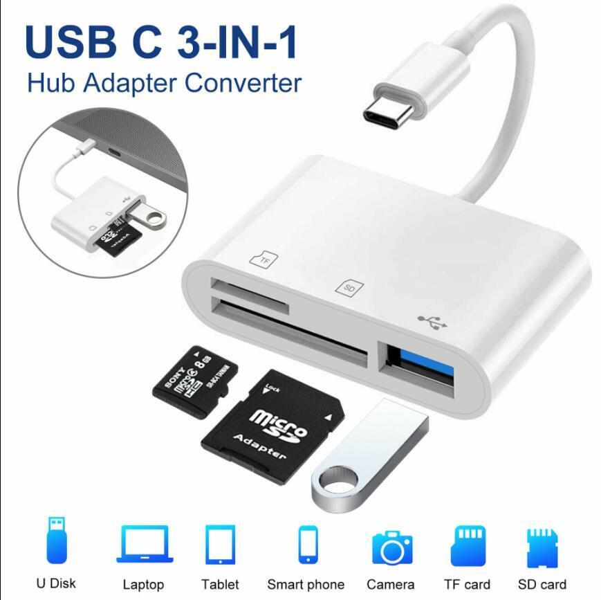3 Port USB Type C to Card Reader Adapter SD Card Micro SD card for Android Lighting Apple