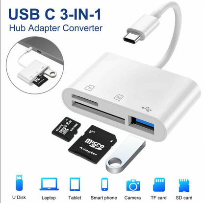 3 Port USB Type C to Card Reader Adapter SD Card Micro SD card for Android Lighting Apple