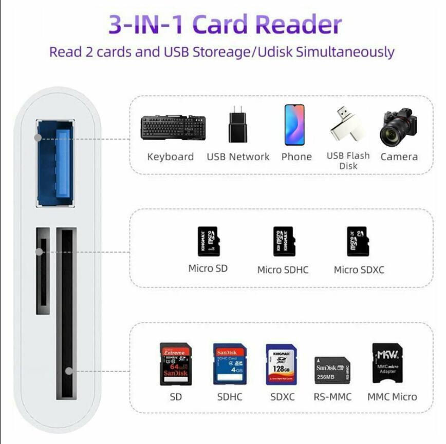 3 Port USB Type C to Card Reader Adapter SD Card Micro SD card for Android Lighting Apple
