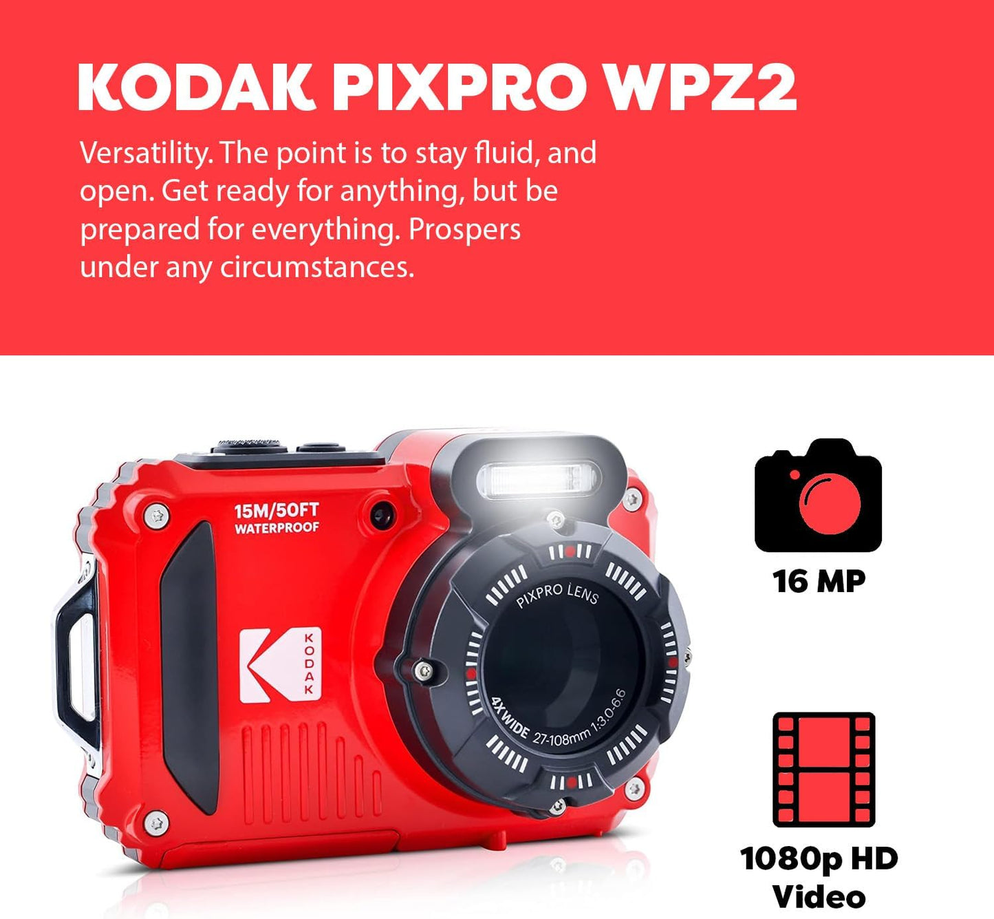 KODAK PIXPRO WPZ2 WiFi Digital Camera Waterproof Shockproof Dustproof 16MP 4X Optical Zoom