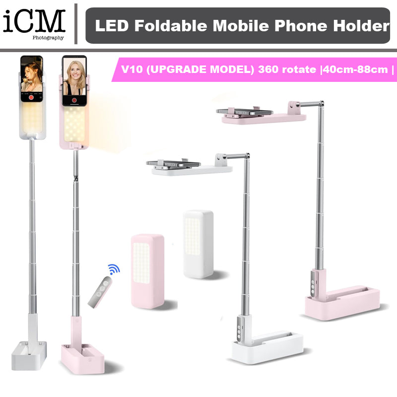 V10 Live Stream Overhead Photography 360° Foldable LED Mobile Phone Tripod Stand for youTube TikTok