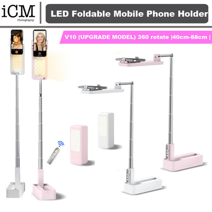 V10 Live Stream Overhead Photography 360° Foldable LED Mobile Phone Tripod Stand for youTube TikTok