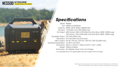 Nitecore NES500 Portable Outdoor Power Station - 518Wh (144,000mAh) - 1 Year Warranty