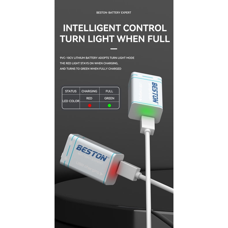 Beston 9V Rechargeable Lithium Battery 1000mAh With Type-C USB Cable