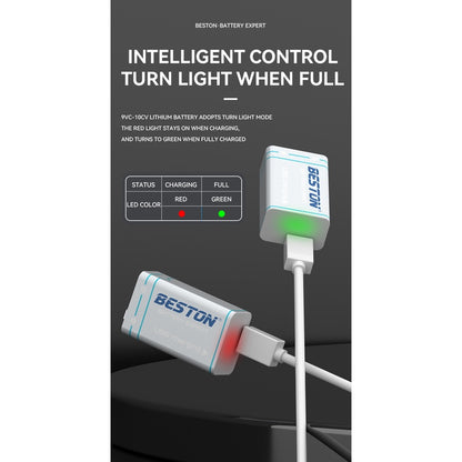 Beston 9V Rechargeable Lithium Battery 1000mAh With Type-C USB Cable