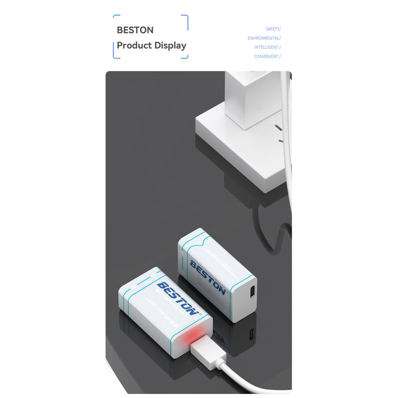 Beston 9V Rechargeable Lithium Battery 1000mAh With Type-C USB Cable