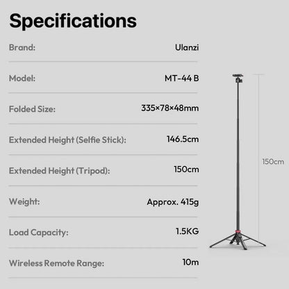 Ulanzi MT-44 B 2-in-1 Selfie Stick Tripod 150cm with Remote For Camera Phone