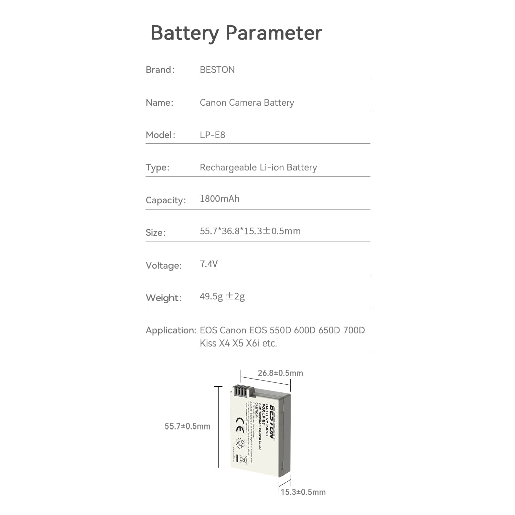 Beston Canon LP-E8 replacement battery - 1 Year Warranty