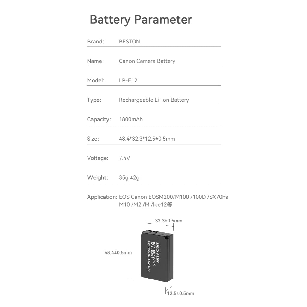 Beston Canon LP-E12 LP E12 replacement battery - 1 Year Warranty