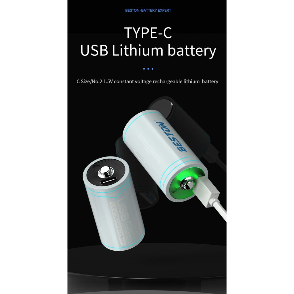 Beston C Size Lithium Rechargable Battery Type C 1.5v (2300mAh) CLC-23 with Cable
