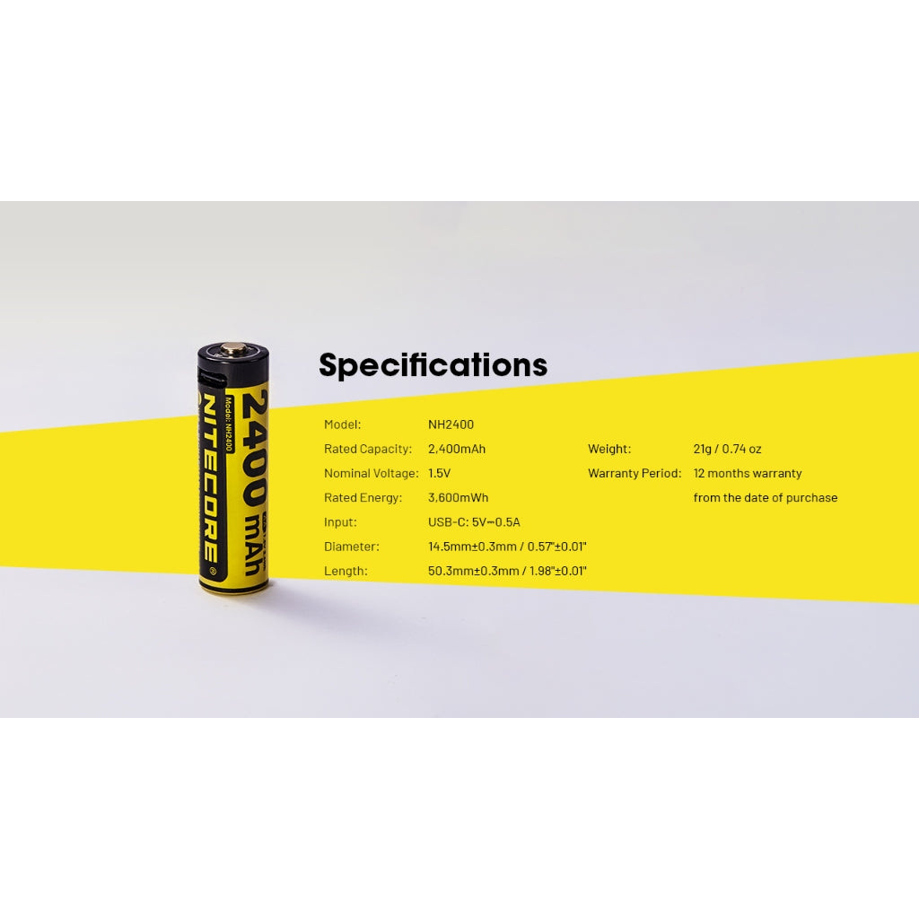 Nitecore NH2400 Rechargeable AA li-ion Battery USB-C 2400mAh