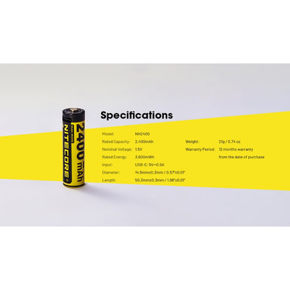 Nitecore NH2400 Rechargeable AA li-ion Battery USB-C 2400mAh