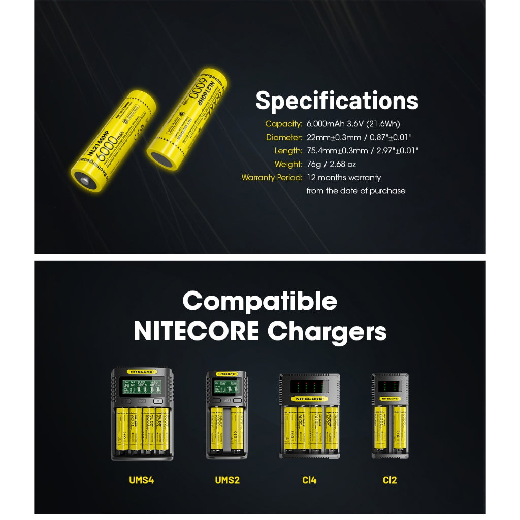 Nitecore NL2160HP 21700 Li-ion High Performance Battery 6000mAh
