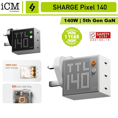 SHARGE Pixel 140 GaN III Charger PD3.1 Fast Charging triple USB-C Port Matrix Display