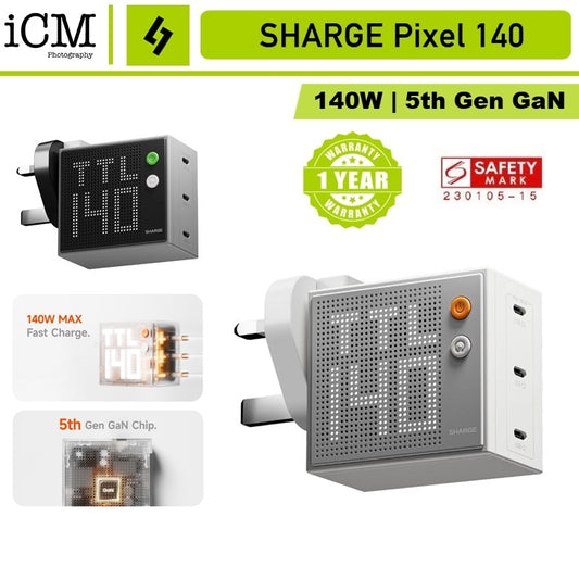 SHARGE Pixel 140 GaN III Charger PD3.1 Fast Charging triple USB-C Port Matrix Display
