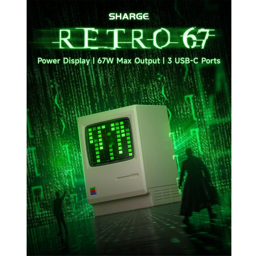 Sharge Retro 67W GaN Charger 3 ports USB-C Fast Charging with Digital Rain LED Display