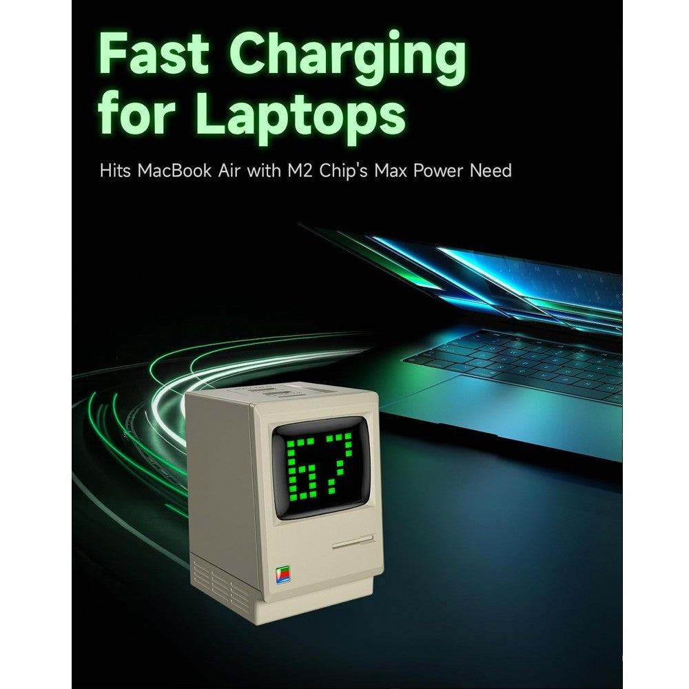 Sharge Retro 67W GaN Charger 3 ports USB-C Fast Charging with Digital Rain LED Display