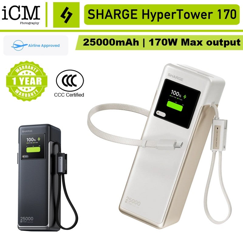 SHARGE HyperTower 170W Laptop Power Bank 25000mAh Built in Cable