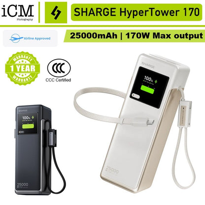 SHARGE HyperTower 170W Laptop Power Bank 25000mAh Built in Cable