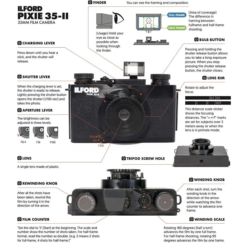 Ilford PIXIE 35-II 35mm Film Camera with Half Frame Adaptor