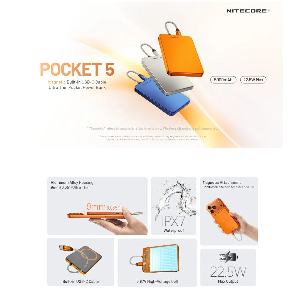 Nitecore POCKET 5 5000mAh Magnetic Power Bank with Built-In Cable