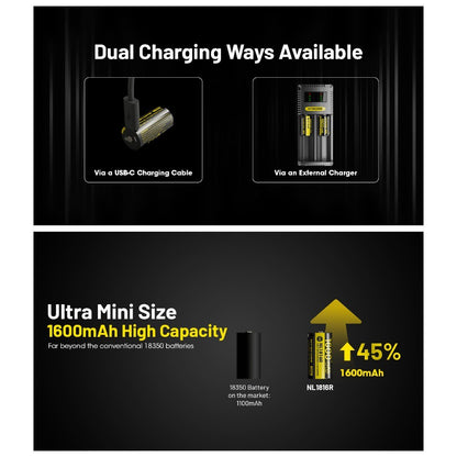 Nitecore NL1816R 1600mAh USB-C Rechargeable Battery for MT1C Pro