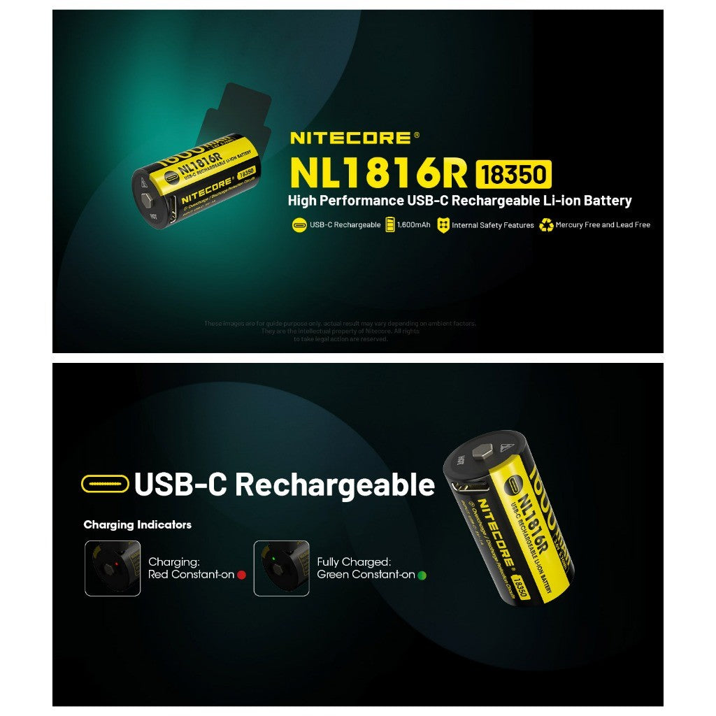 Nitecore NL1816R 1600mAh USB-C Rechargeable Battery for MT1C Pro
