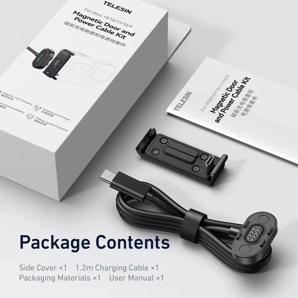 Telesin Magnetic Charging Side Cover & Power Cable Kit for Hero 13 12 11 10 9